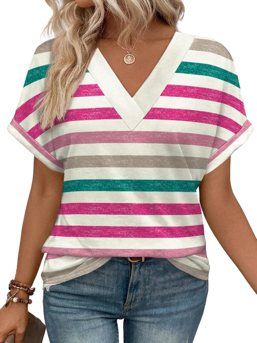 Women's Striped Hot Pink Short Dolmen Sleeve V Neck Outfits Clothes Tops T Shirt